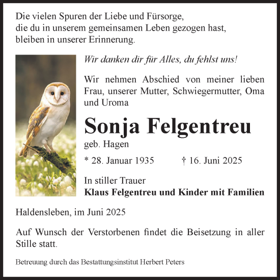 Traueranzeige von Sonja Felgentreu von Volksstimme Haldensleben/Wolmirstedt