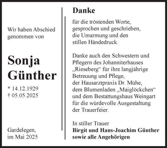 Traueranzeige von Sonja Günther von Volksstimme Altmark West