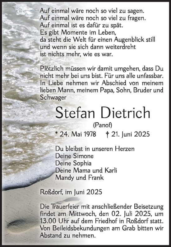 Traueranzeige von Stefan Dietrich von Volksstimme Burg/Genthin