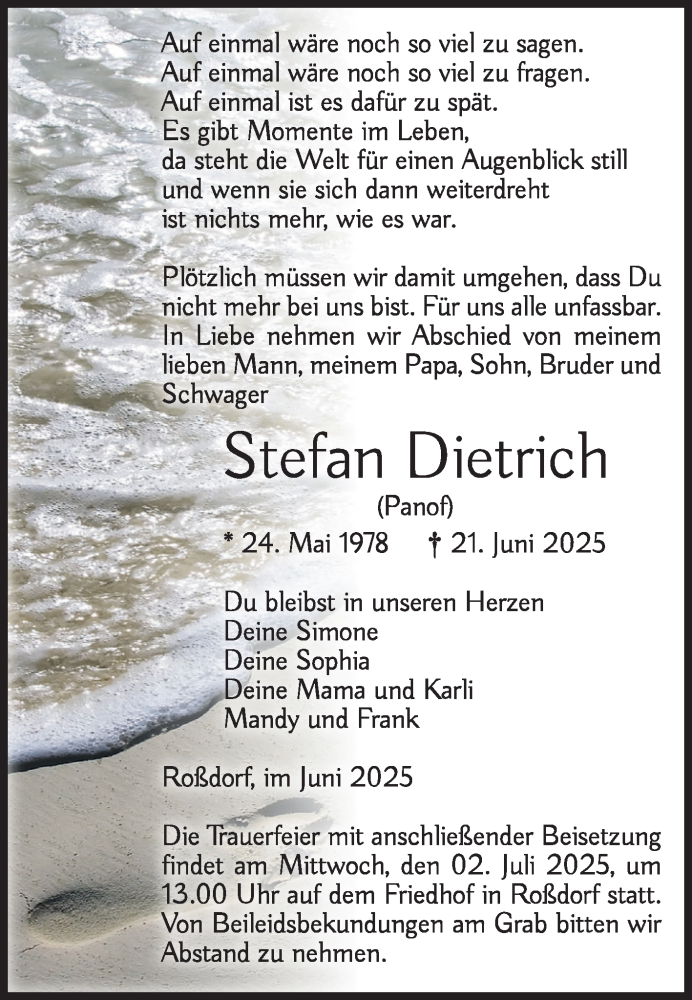  Traueranzeige für Stefan Dietrich vom 28.06.2025 aus Volksstimme Burg/Genthin