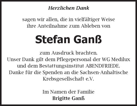 Traueranzeige von Stefan Ganß von Volksstimme Magdeburg