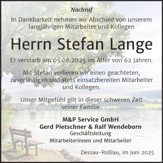 Traueranzeige von Stefan Lange von Mitteldeutsche Zeitung Dessau-Roßlau
