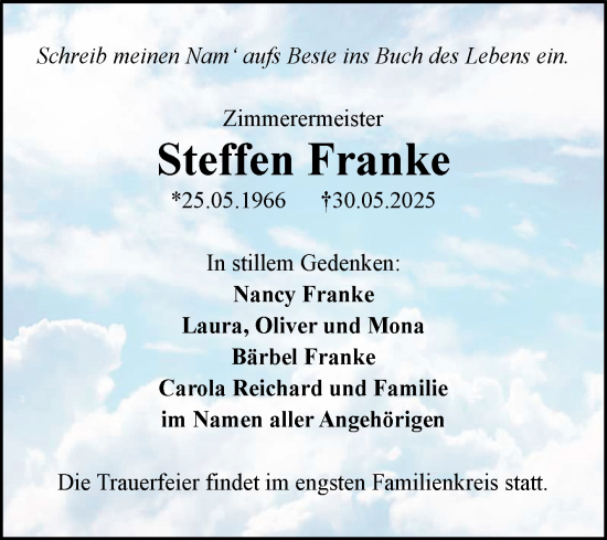 Traueranzeige von Steffen Franke von Super Sonntag Naumburg/Nebra