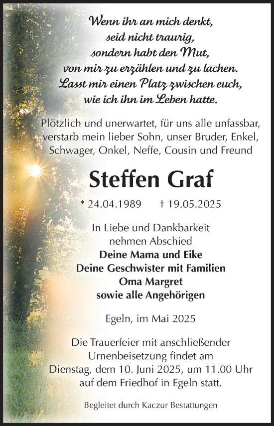 Traueranzeige von Steffen Graf von Volksstimme Staßfurt