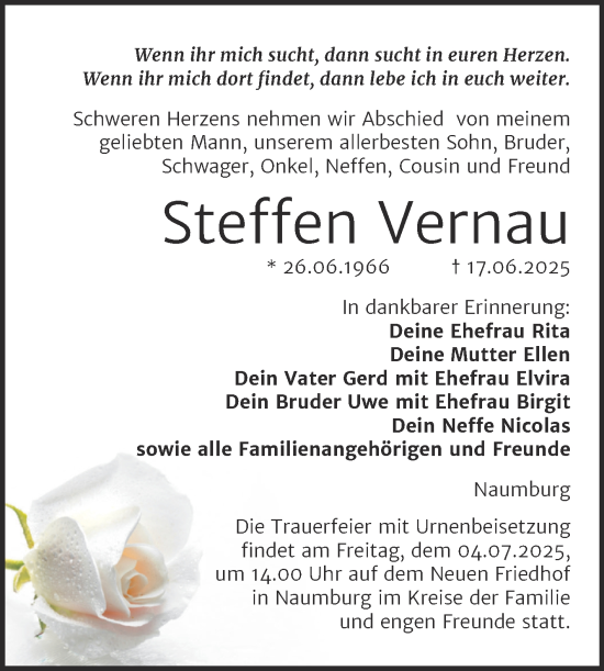 Traueranzeige von Steffen Vernau von Super Sonntag Naumburg/Nebra
