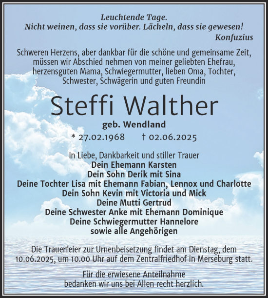Traueranzeige von Steffi Walther von Trauerkombi Merseburg