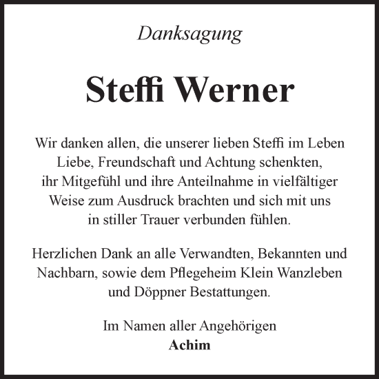 Traueranzeige von Steffi Werner von Volksstimme Oschersleben/Wanzleben
