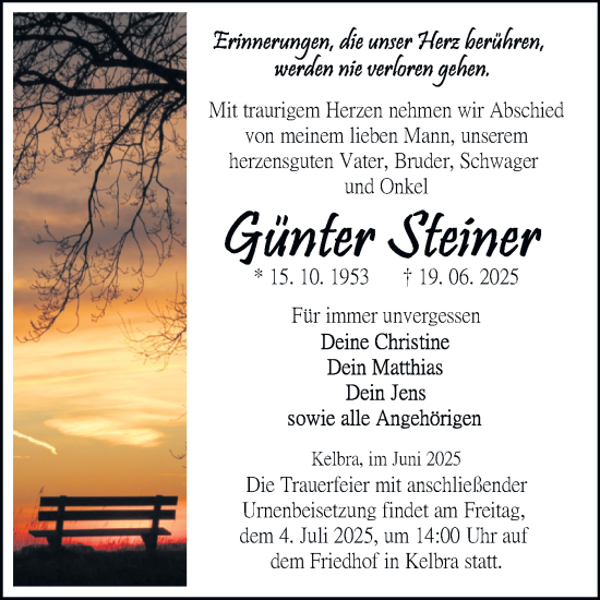 Traueranzeige von Steiner Steiner von Trauerkombi Sangerhausen