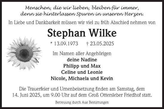 Traueranzeige von Stephan Wilke von Volksstimme Magdeburg