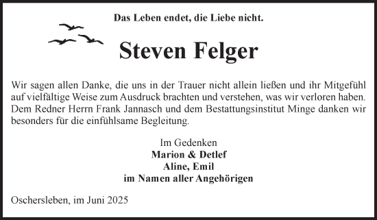 Traueranzeige von Steven Felger von Volksstimme Oschersleben/Wanzleben
