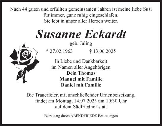 Traueranzeige von Susanne Eckardt von Volksstimme Magdeburg