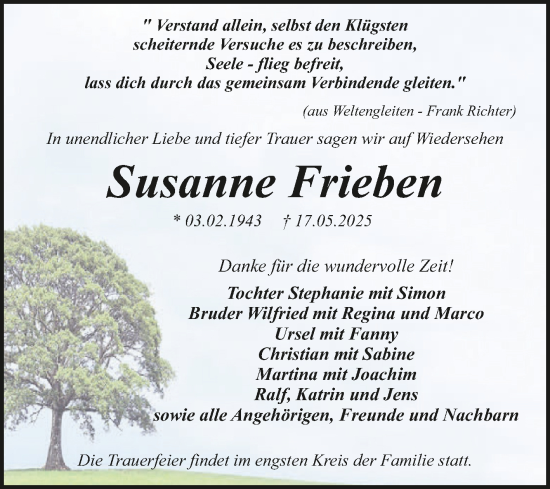 Traueranzeige von Susanne Frieben von Trauerkombi Dessau