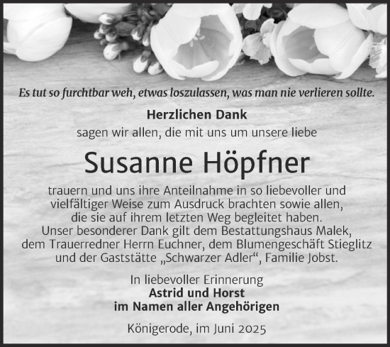 Traueranzeige von Susanne Höpfner von Trauerkombi Quedlinburg