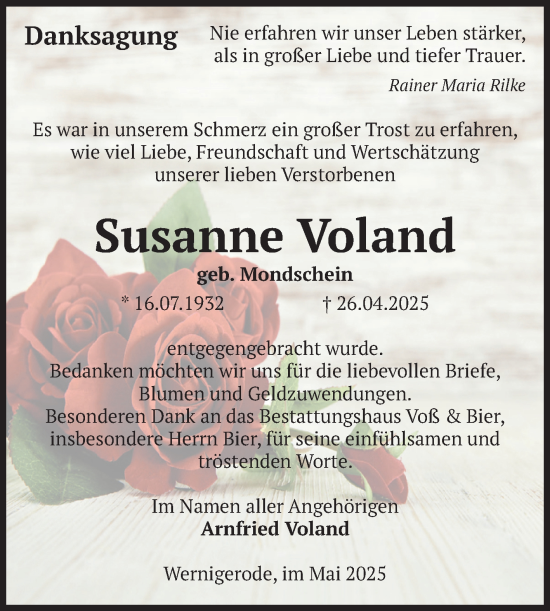 Traueranzeige von Susanne Voland von Volksstimme Wernigerode