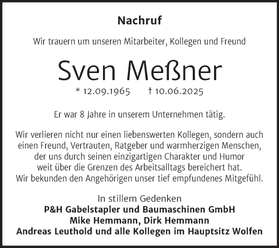 Traueranzeige von Sven Meßner von Super Sonntag Zeitz