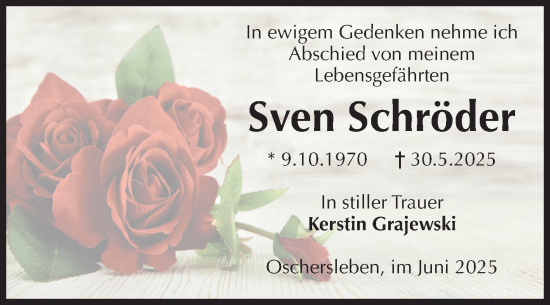 Traueranzeige von Sven Schröder von Volksstimme Oschersleben/Wanzleben