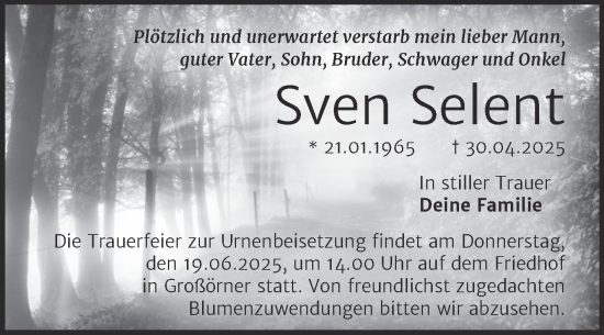 Traueranzeige von Sven Selent von Trauerkombi Mansfelder Land
