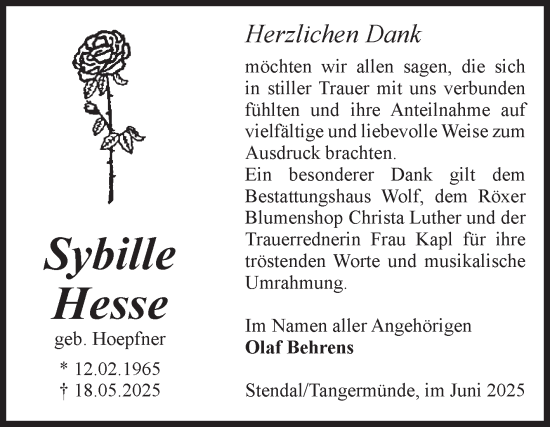 Traueranzeige von Sybille Hesse von Volksstimme Altmark Ost
