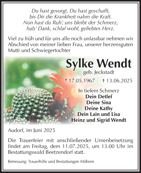 Traueranzeige von Sylke Wendt von Volksstimme Altmark West