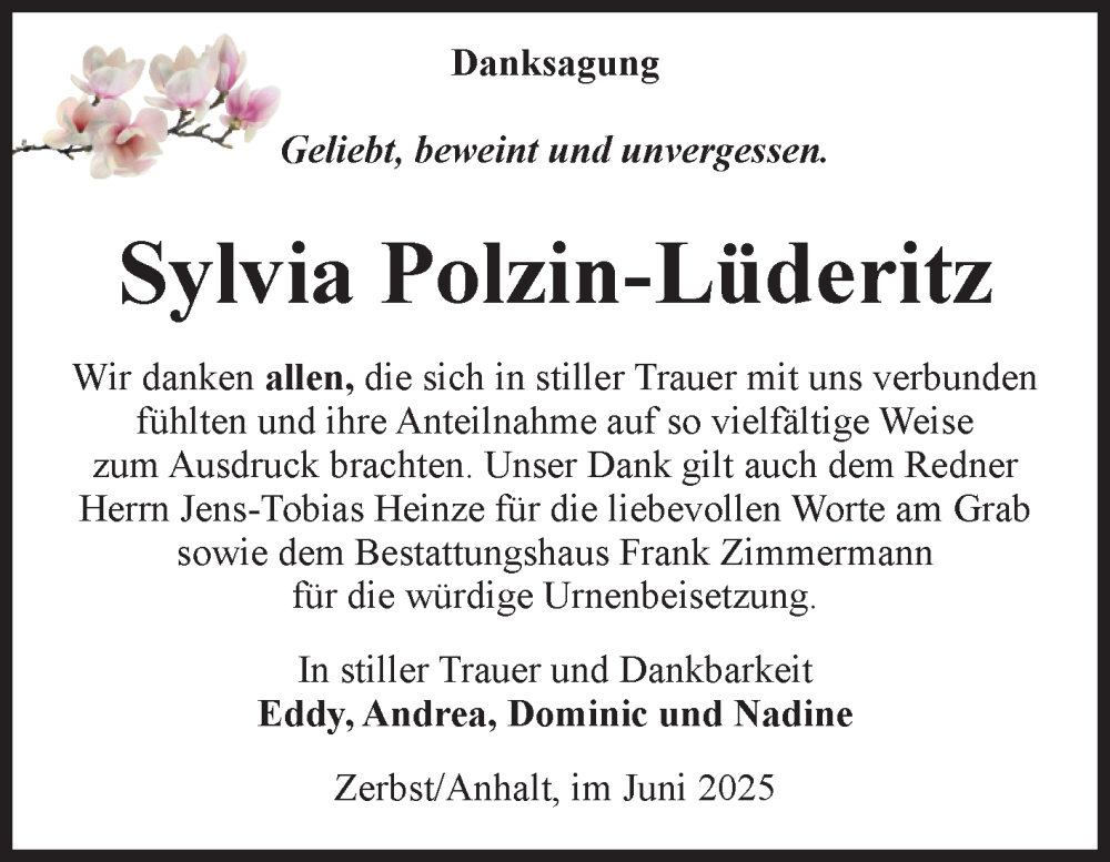  Traueranzeige für Sylvia Polzin-Lüderitz vom 21.06.2025 aus Volksstimme Zerbst