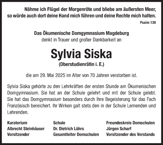 Traueranzeige von Sylvia Siska von Volksstimme Magdeburg