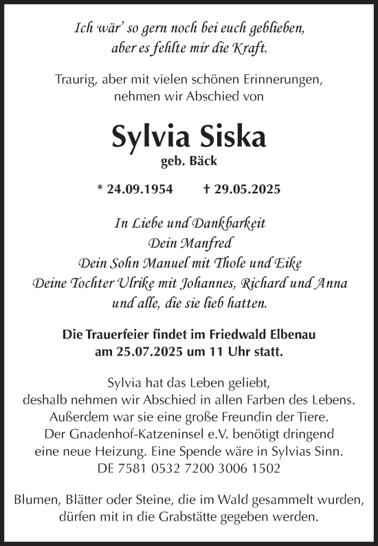 Traueranzeige von Sylvia Siska von Volksstimme Magdeburg