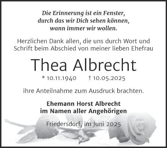 Traueranzeige von Thea Albrecht von Trauerkombi Bitterfeld