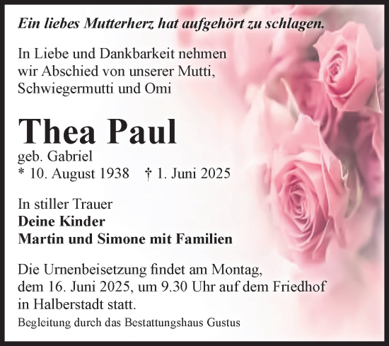 Traueranzeige von Thea Paul von Volksstimme Halberstadt