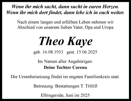 Traueranzeige von Theo Kaye von Volksstimme Wernigerode