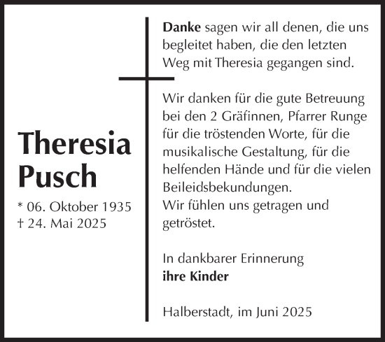 Traueranzeige von Theresia Pusch von Volksstimme Halberstadt