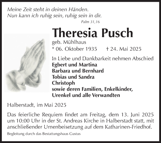 Traueranzeige von Theresia Pusch von Volksstimme Halberstadt
