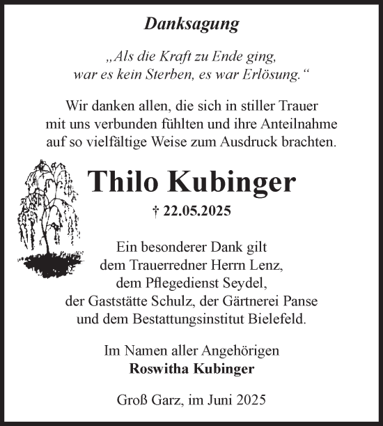 Traueranzeige von Thilo Kubinger von Volksstimme Altmark Ost