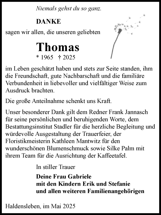 Traueranzeige von Thomas  von Volksstimme Haldensleben/Wolmirstedt