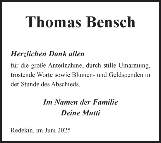 Traueranzeige von Thomas Bensch von Volksstimme Burg/Genthin
