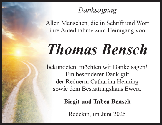 Traueranzeige von Thomas Bensch von Volksstimme Burg/Genthin