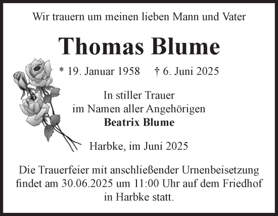 Traueranzeige von Thomas Blume von Volksstimme Oschersleben/Wanzleben