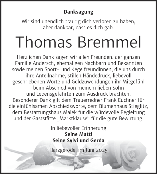 Traueranzeige von Thomas Bremmel von Trauerkombi Quedlinburg