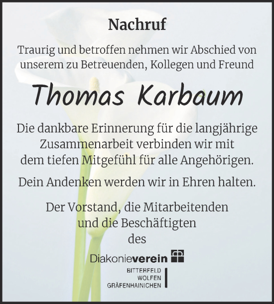 Traueranzeige von Thomas Karbaum von SuperSonntag Bitterfeld