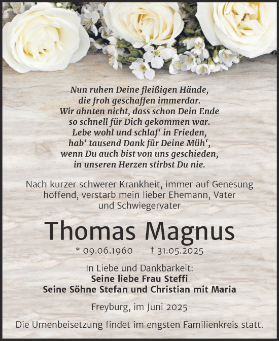 Traueranzeige von Thomas Magnus von Super Sonntag Naumburg/Nebra