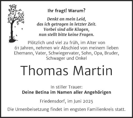 Traueranzeige von Thomas Martin von Trauerkombi Merseburg