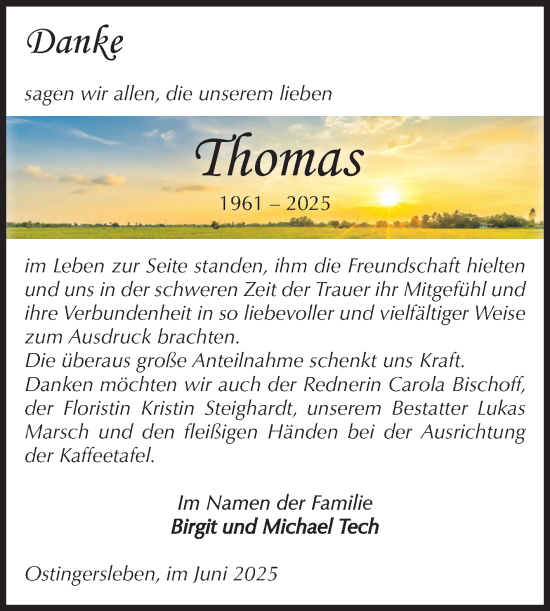 Traueranzeige von Thomas Tech von Volksstimme Haldensleben/Wolmirstedt
