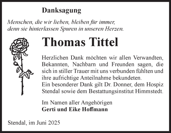 Traueranzeige von Thomas Tittel von Volksstimme Altmark Ost