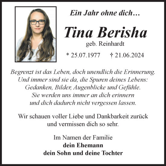 Traueranzeige von Tina Berisha von Volksstimme Burg/Genthin