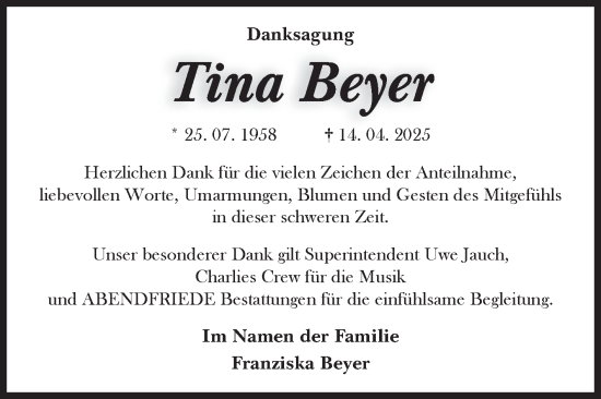 Traueranzeige von Tina Beyer von Volksstimme Magdeburg