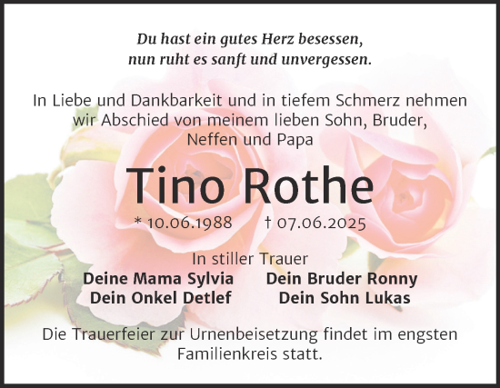 Traueranzeige von Tino Rothe von Trauerkombi Merseburg