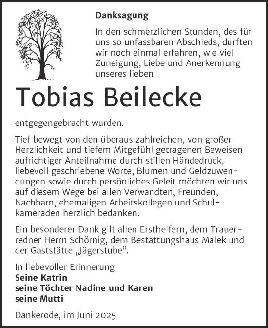 Traueranzeige von Tobias Beilecke von Trauerkombi Quedlinburg