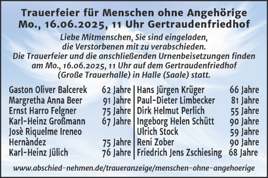 Traueranzeige von Totentafel vom 14.06.2025 von Mitteldeutsche Zeitung Halle/Saalkreis