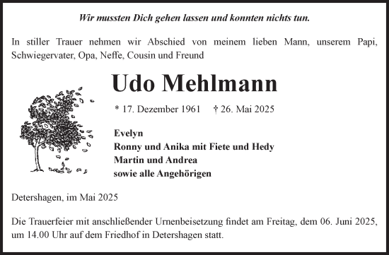 Traueranzeige von Udo Mehlmann von Volksstimme Burg/Genthin