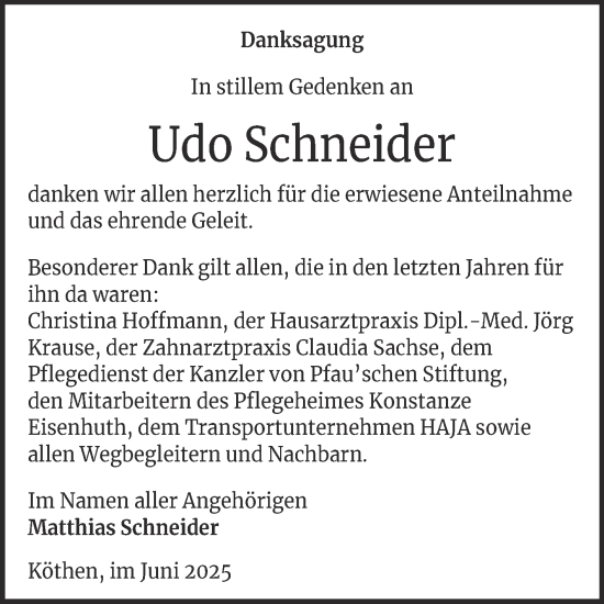 Traueranzeige von Udo Schneider von Trauerkombi Köthen