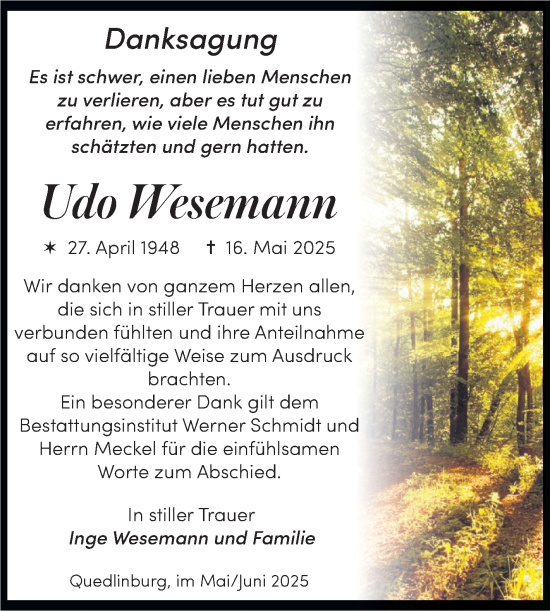 Traueranzeige von Udo Wesemann von Trauerkombi Quedlinburg
